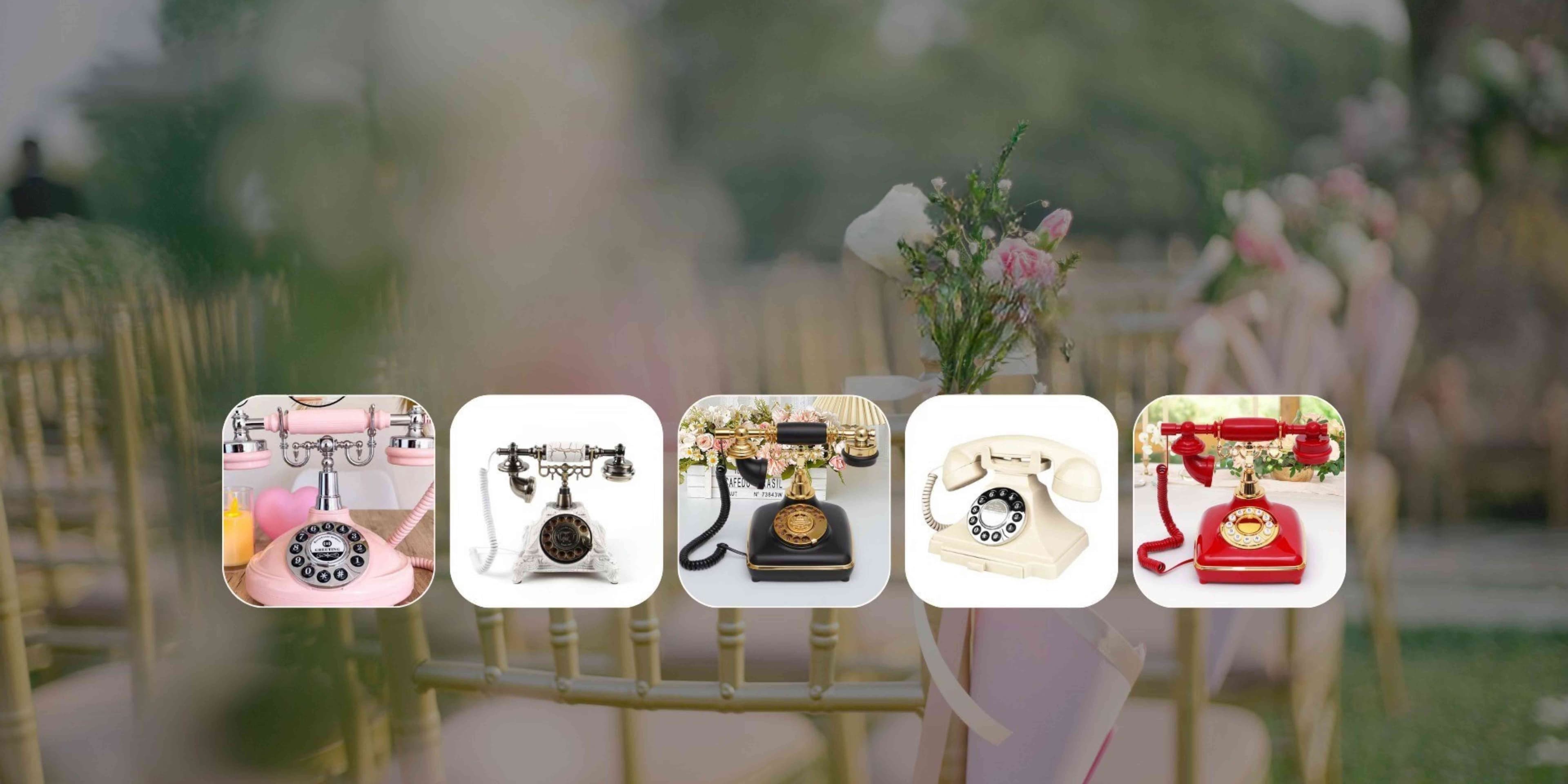 Wedding ceremony setup with vintage rotary phone guestbooks